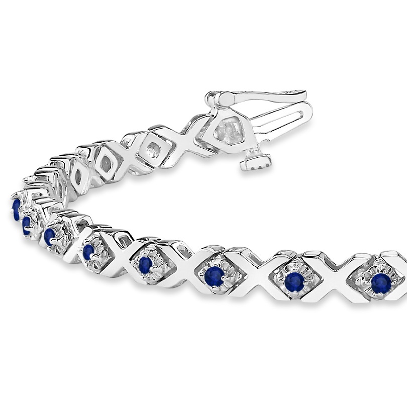 Blue Sapphire XOXO Chained Line Bracelet 14k White Gold (1.50ct)
