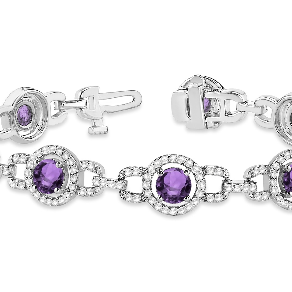 Luxury Halo Amethyst & Diamond Link Bracelet 14k White Gold (8.00ct)