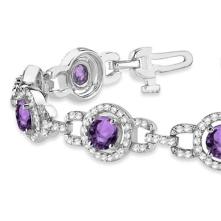 Luxury Halo Amethyst & Diamond Link Bracelet 14k White Gold (8.00ct)