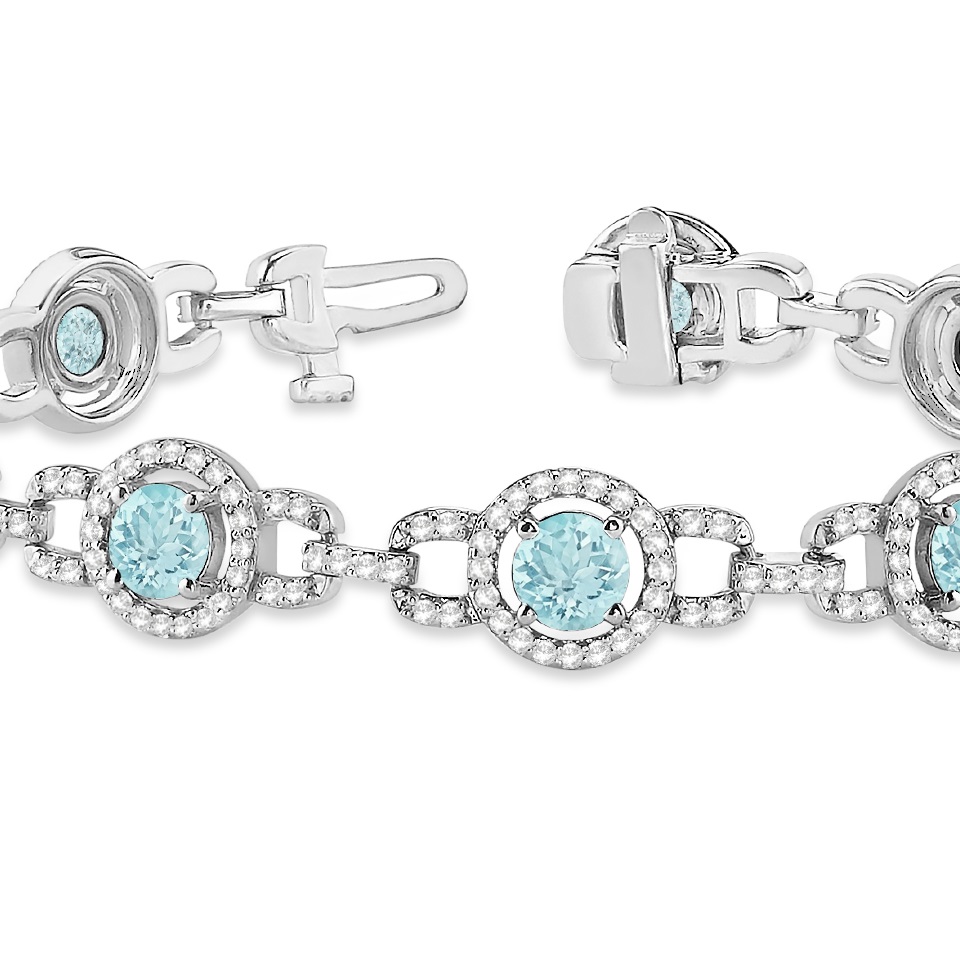 Luxury Halo Aquamarine & Diamond Link Bracelet 14k White Gold (8.00ct)