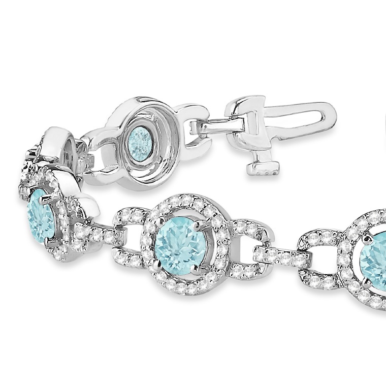 Luxury Halo Aquamarine & Diamond Link Bracelet 14k White Gold (8.00ct)
