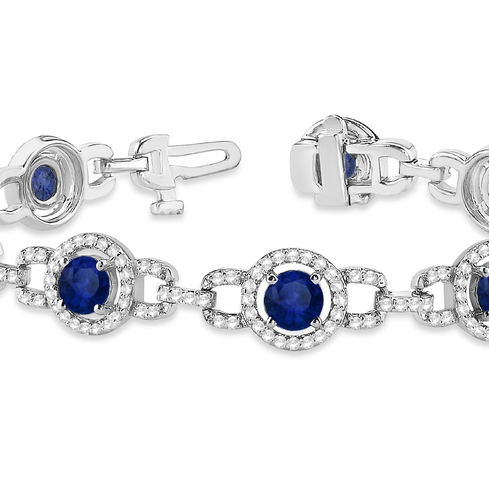 Luxury Halo Lab Blue Sapphire & Lab Diamond Link Bracelet 18k White Gold (8.00ct)