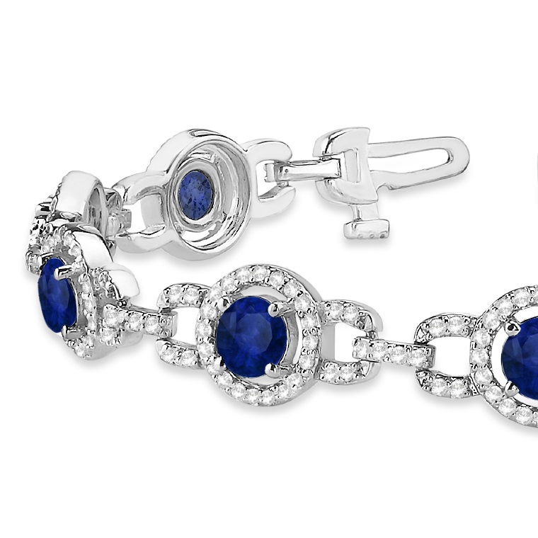 Luxury Halo Lab Blue Sapphire & Lab Diamond Link Bracelet 18k White Gold (8.00ct)