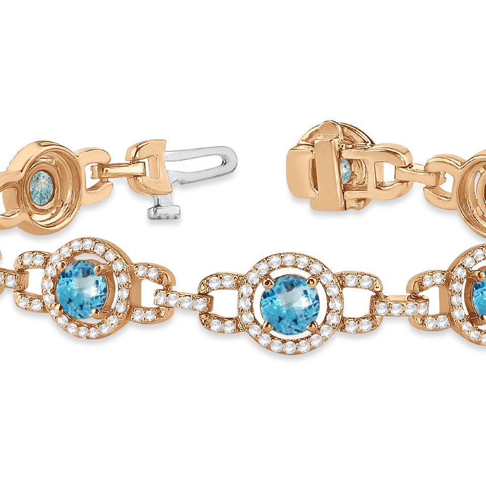 Luxury Halo Blue Topaz & Diamond Link Bracelet 14k Rose Gold (8.00ct)