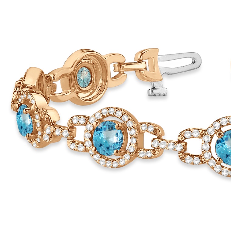 Luxury Halo Blue Topaz & Diamond Link Bracelet 14k Rose Gold (8.00ct)