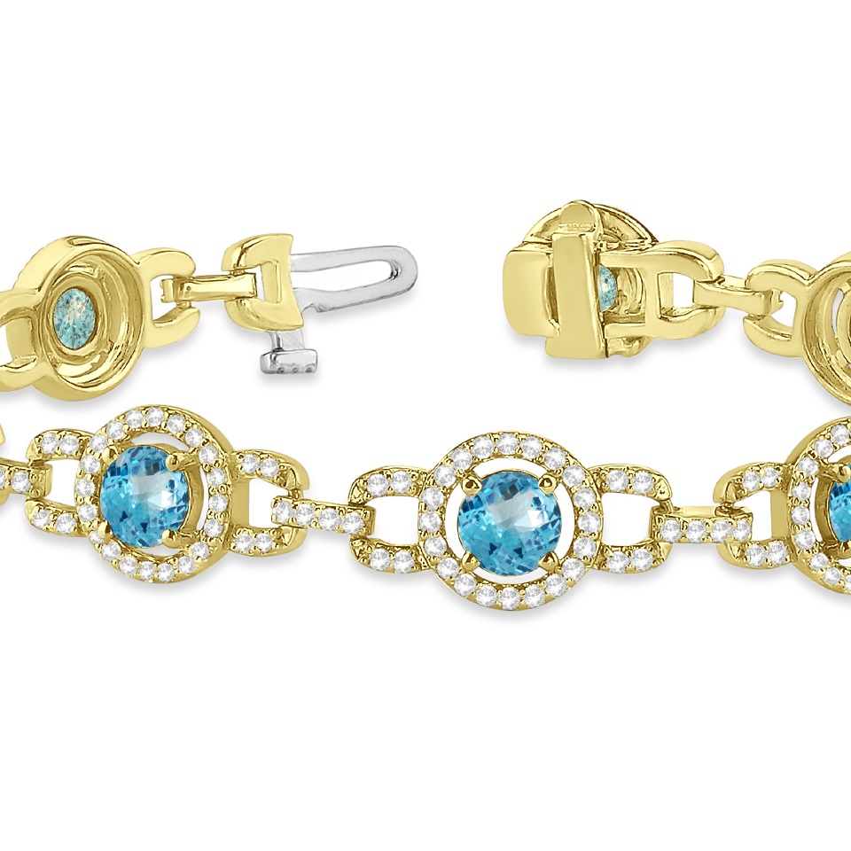 Luxury Halo Blue Topaz & Diamond Link Bracelet 18k Yellow Gold (8.00ct)
