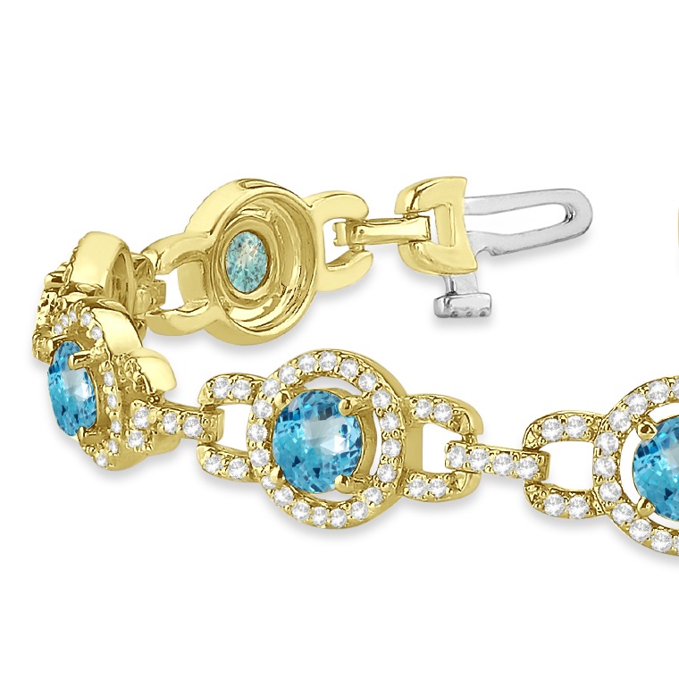Luxury Halo Blue Topaz & Diamond Link Bracelet 18k Yellow Gold (8.00ct)
