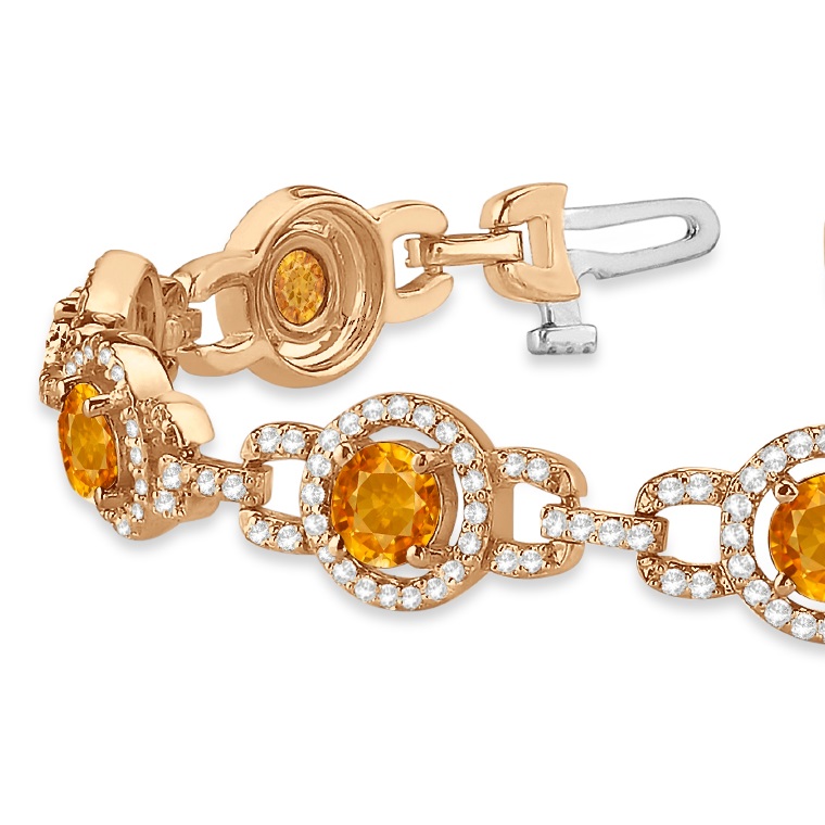 Luxury Halo Citrine & Diamond Link Bracelet 14k Rose Gold (8.00ct)