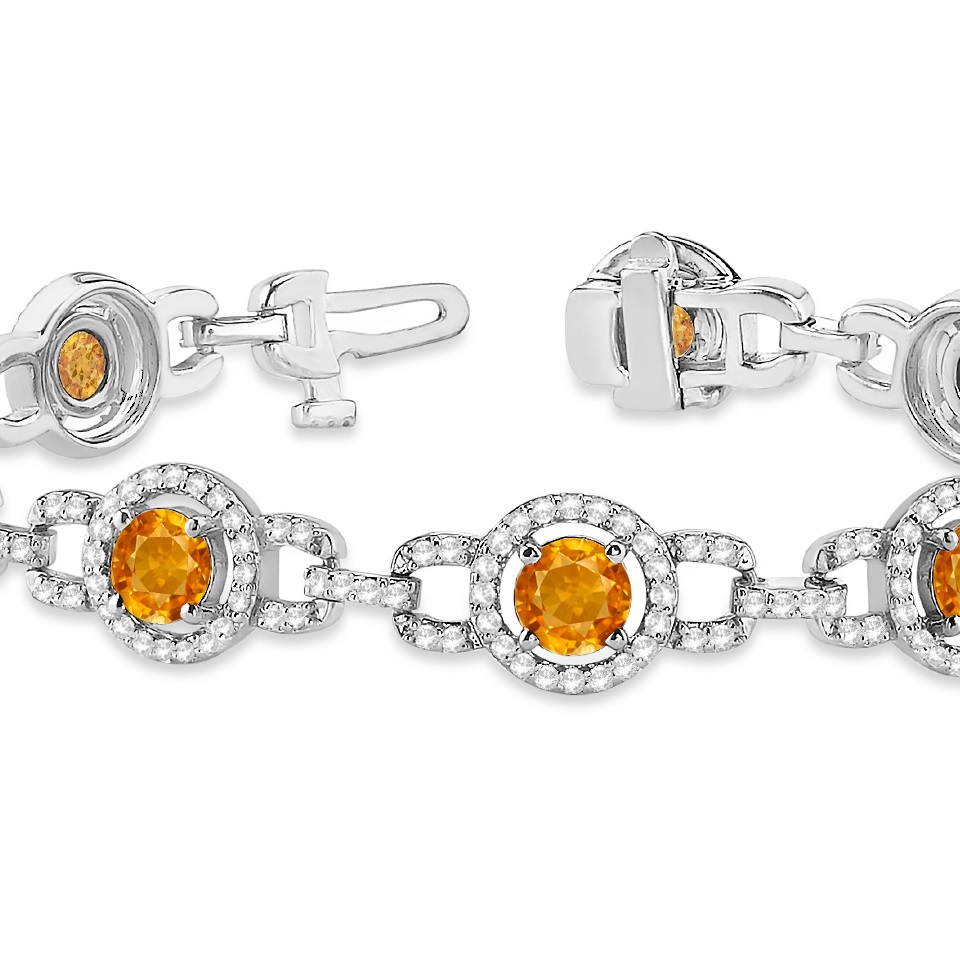 Luxury Halo Citrine & Diamond Link Bracelet 14k White Gold (8.00ct)