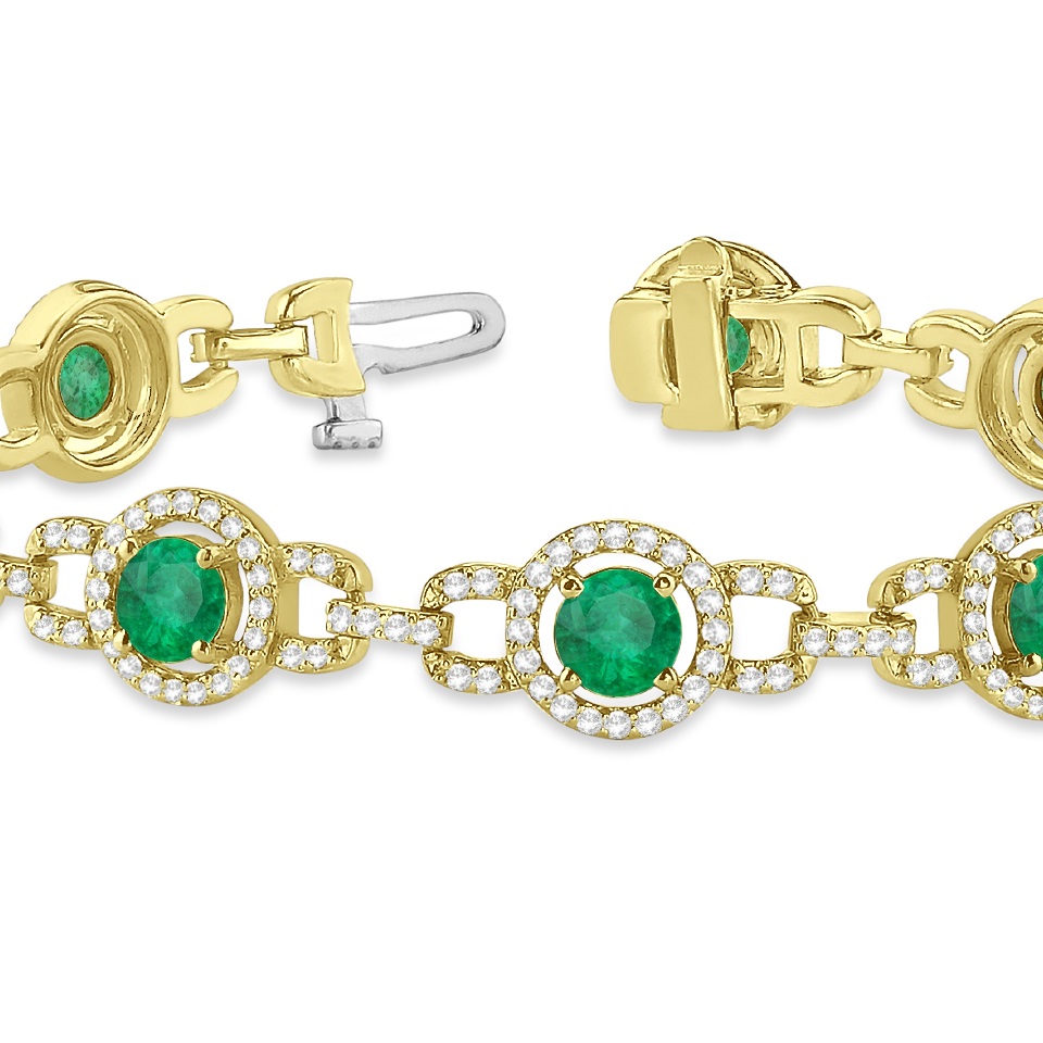 Luxury Halo Emerald & Diamond Link Bracelet 14k Yellow Gold (8.00ct)