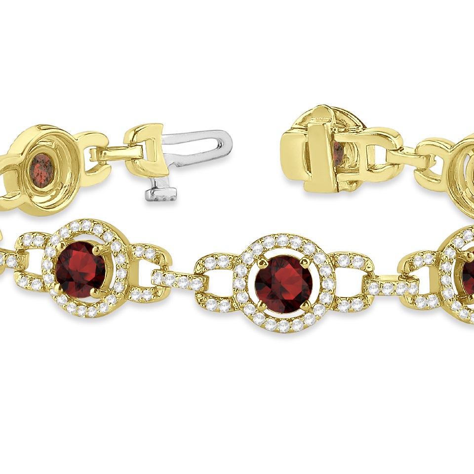 Luxury Halo Garnet & Diamond Link Bracelet 14k Yellow Gold (8.00ct)