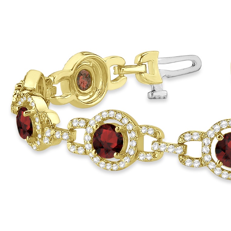 Luxury Halo Garnet & Diamond Link Bracelet 14k Yellow Gold (8.00ct)