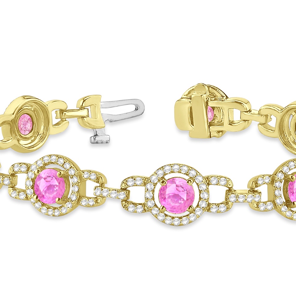 Pink Sapphire Halo Luxury Link Bracelet 14k Yellow Gold (8.00ct)