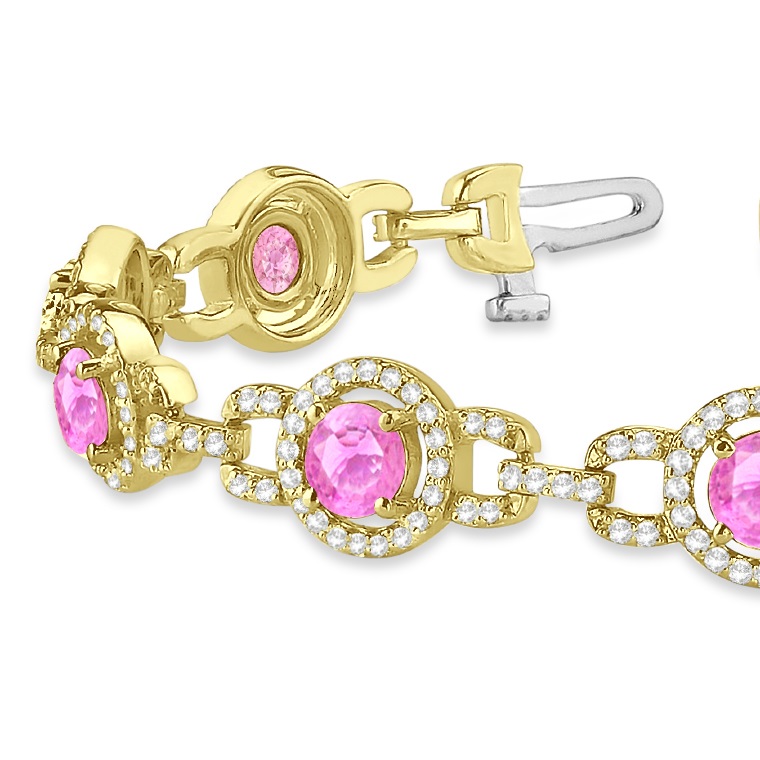 Pink Sapphire Halo Luxury Link Bracelet 14k Yellow Gold (8.00ct)
