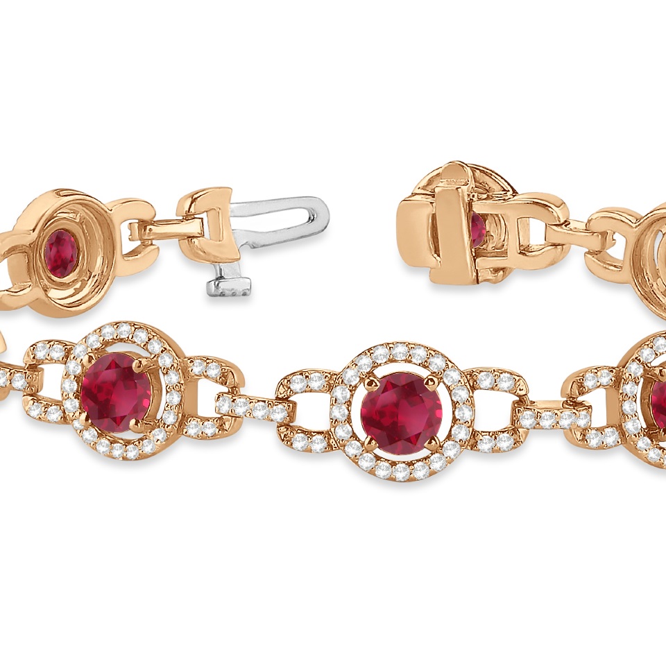 Luxury Halo Ruby & Diamond Link Bracelet 18k Rose Gold (8.00ct)