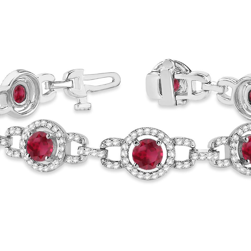 Luxury Halo Ruby & Diamond Link Bracelet 18k White Gold (8.00ct)