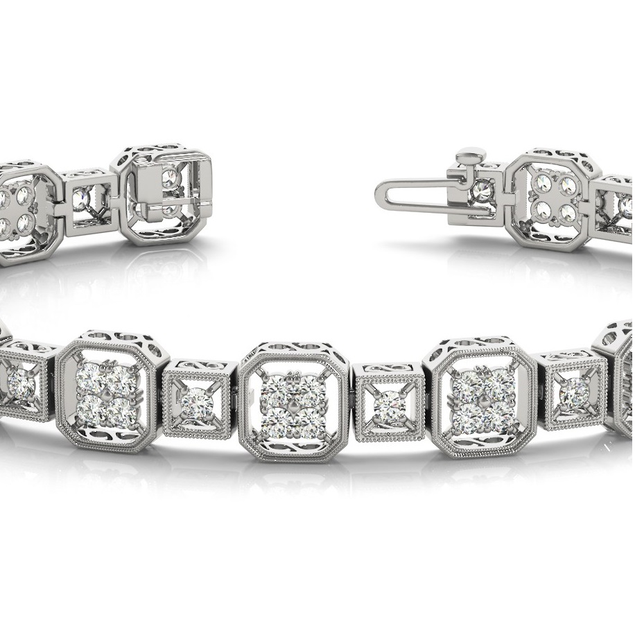 Diamond Vintage Square Tennis Link Bracelet 14k White Gold (2.10ct)