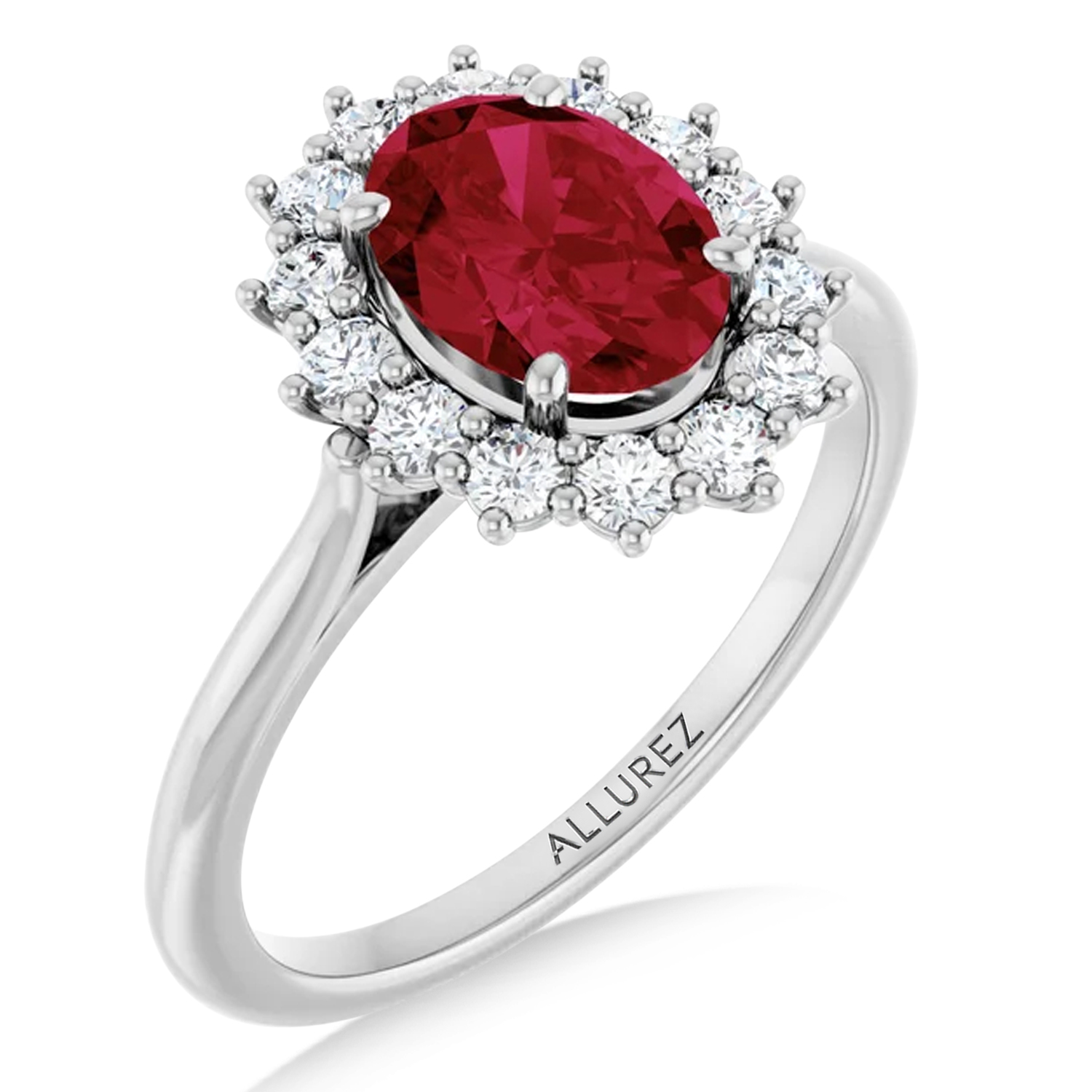 Oval Lab Grown Ruby & Diamond Halo Ring 14K White Gold (2.16ct)
