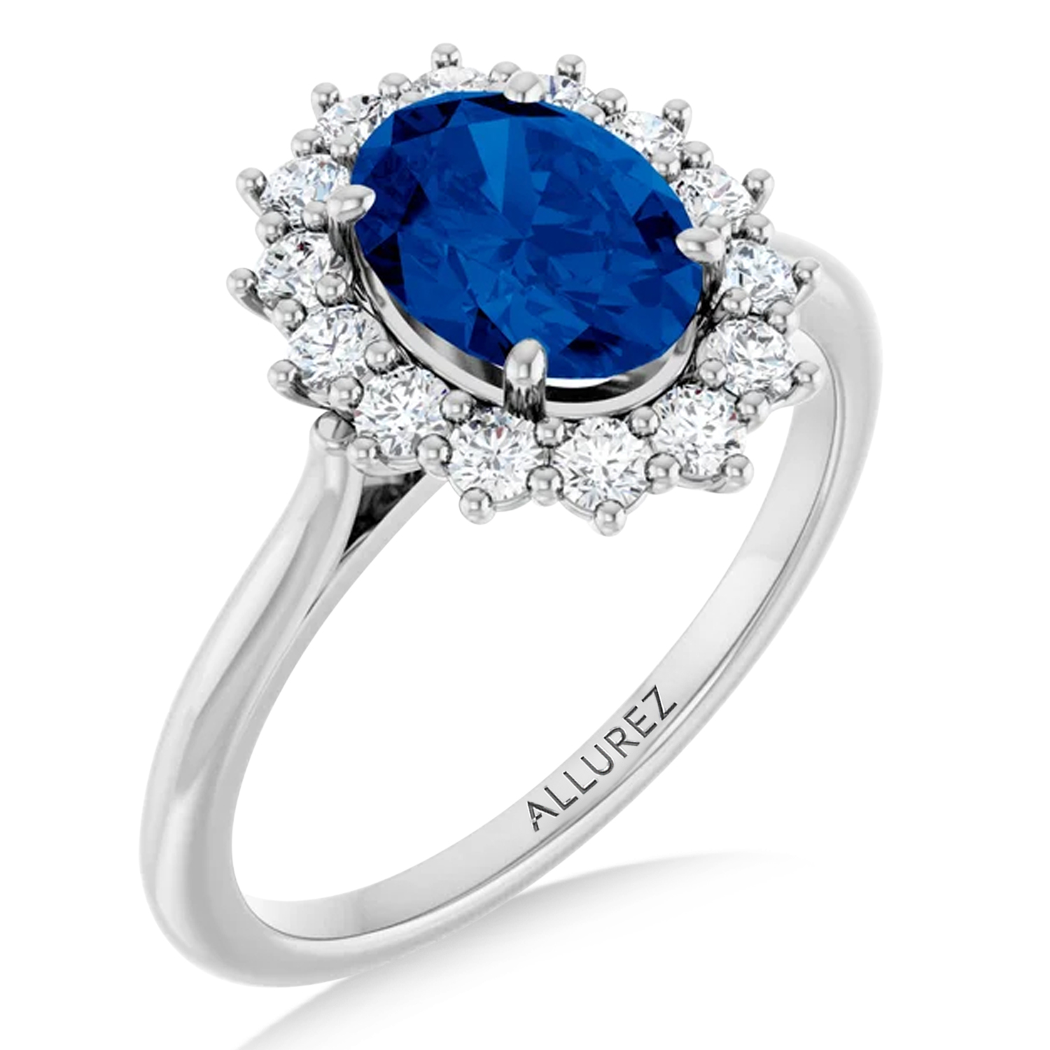 Oval Lab Grown Blue Sapphire & Diamond Halo Ring 14K White