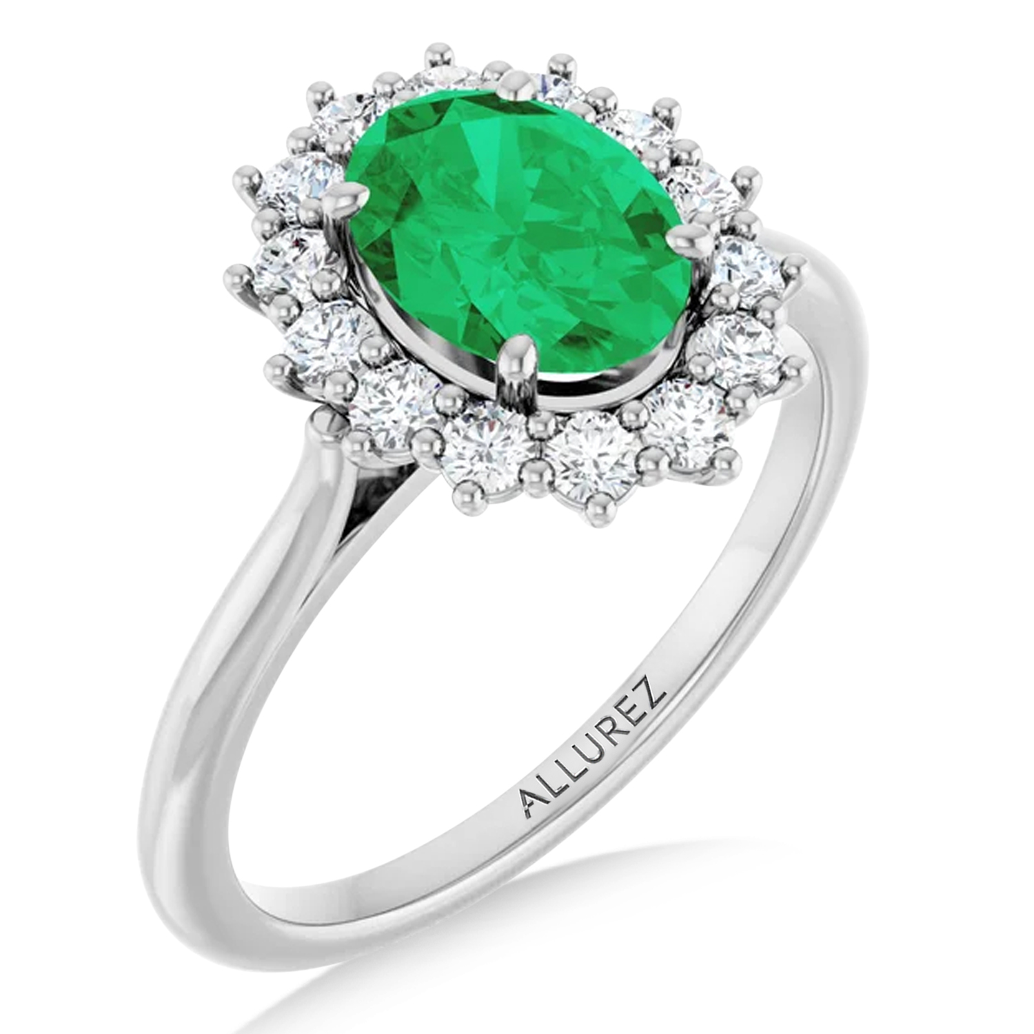 Oval Lab Grown Emerald & Diamond Halo Ring 14K White Gold (1.56ct)