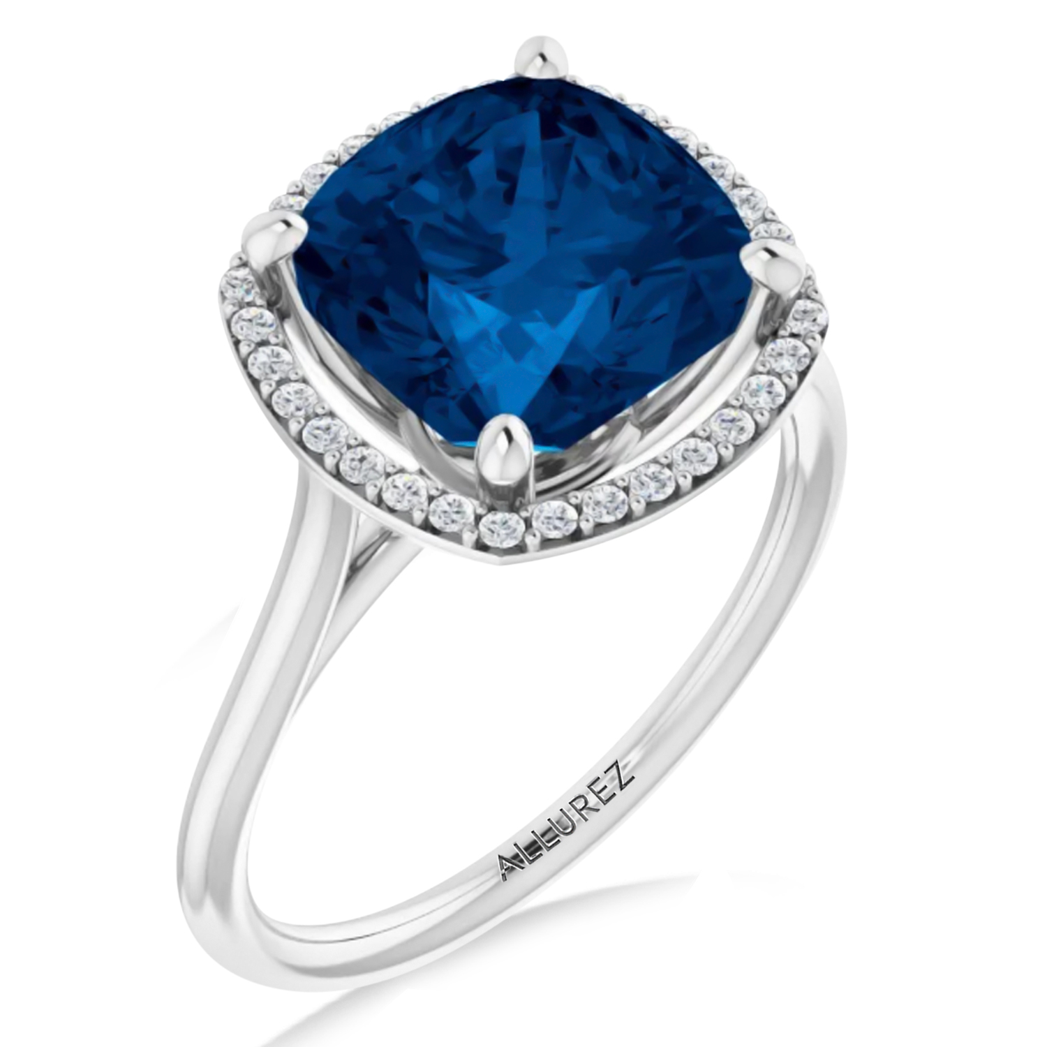 Cushion Lab Grown Blue Sapphire & Diamond Halo Ring 14K