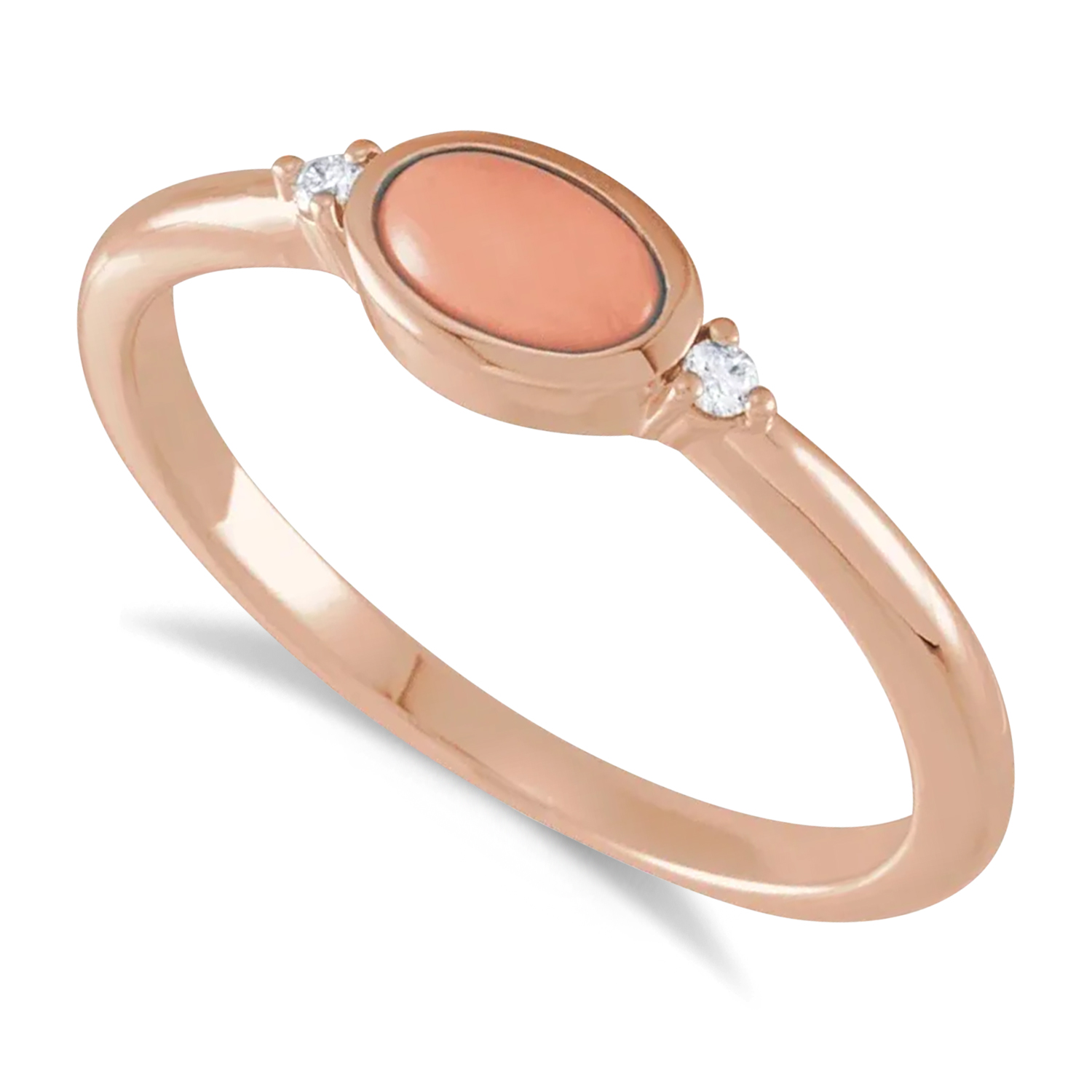 Oval Natural Cabochon Pink Coral & Diamond Ring 14K Rose Gold (0.53ct)