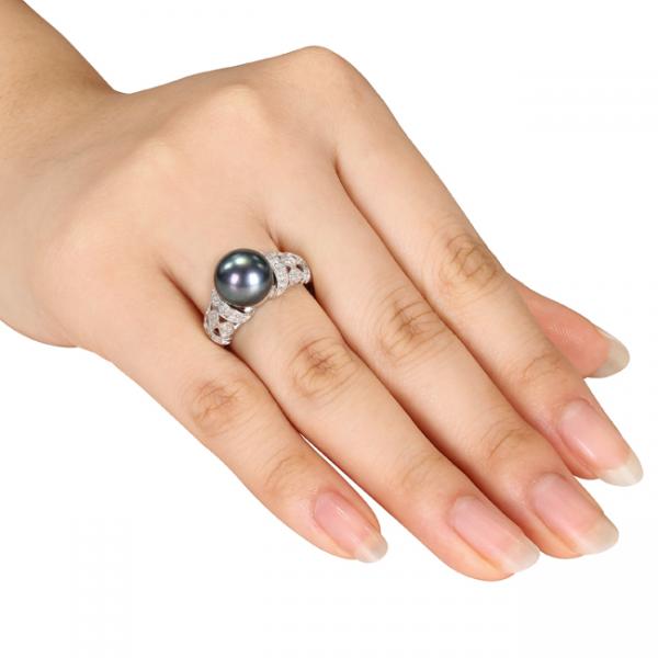 Black Tahitian Pearl & Diamond Vintage Ring 14k White Gold 9-9.5mm