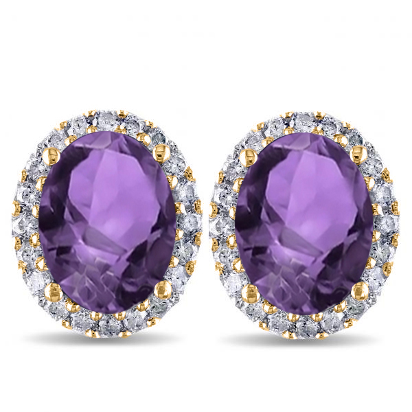 Oval Amethyst & Halo Diamond Stud Earrings 14k Yellow Gold 3.92ct