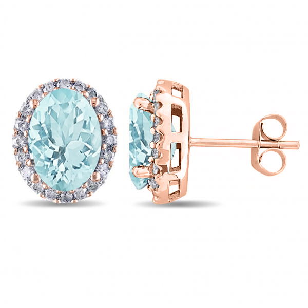 Oval Lab Aquamarine & Halo Lab Grown Diamond Stud Earrings 14k Rose Gold 3.92ct