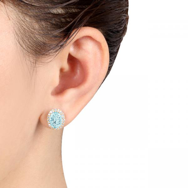 Oval Lab Aquamarine & Halo Lab Grown Diamond Stud Earrings 14k Yellow Gold 3.92ct