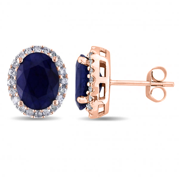 Oval Lab Blue Sapphire & Halo Lab Grown Diamond Stud Earrings 14k Rose Gold 5.70ct