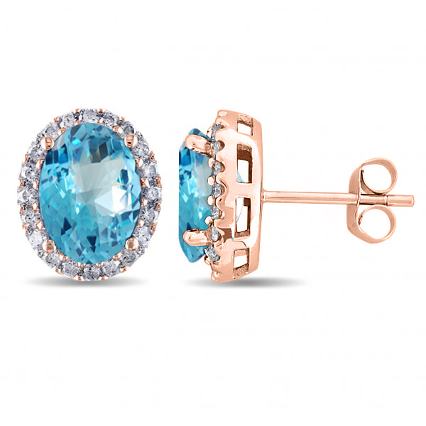 Oval Lab Blue Topaz & Halo Lab Grown Diamond Stud Earrings 14k Rose Gold 5.40ct