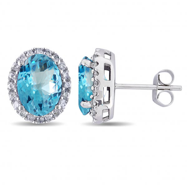 Oval Lab Blue Topaz & Halo Lab Grown Diamond Stud Earrings 14k White Gold 5.40ct