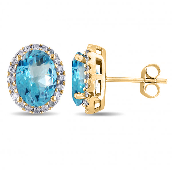 Oval Lab Blue Topaz & Halo Lab Grown Diamond Stud Earrings 14k Yellow Gold 5.40ct