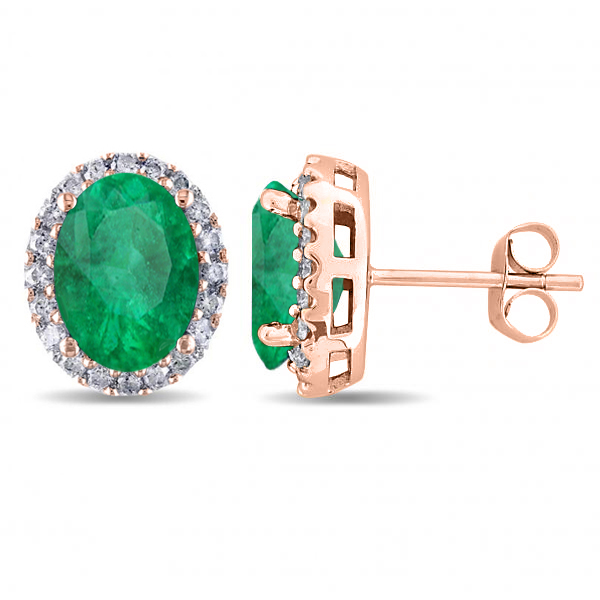 Oval Lab Emerald & Halo Lab Grown Diamond Stud Earrings 14k Rose Gold 4.20ct