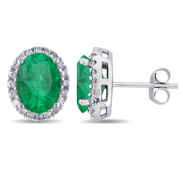 Oval Lab Emerald & Halo Lab Grown Diamond Stud Earrings 14k White Gold 4.20ct