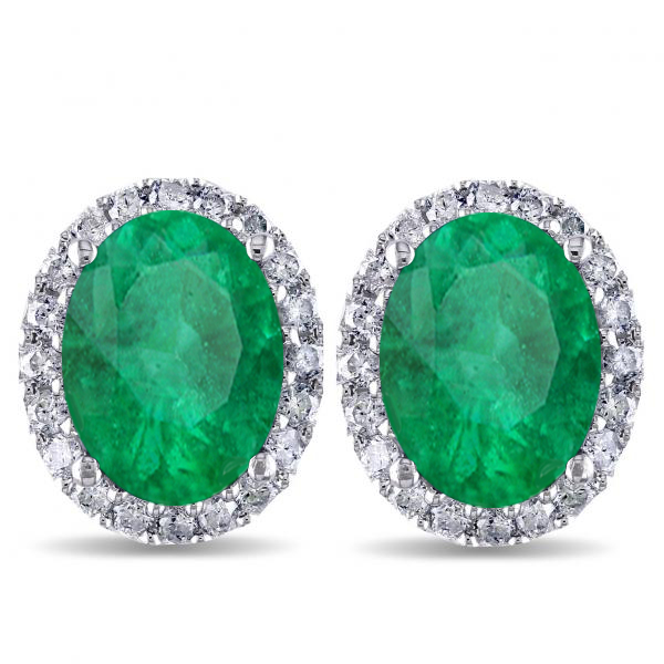 Oval Emerald & Halo Diamond Stud Earrings 14k White Gold 4.20ct