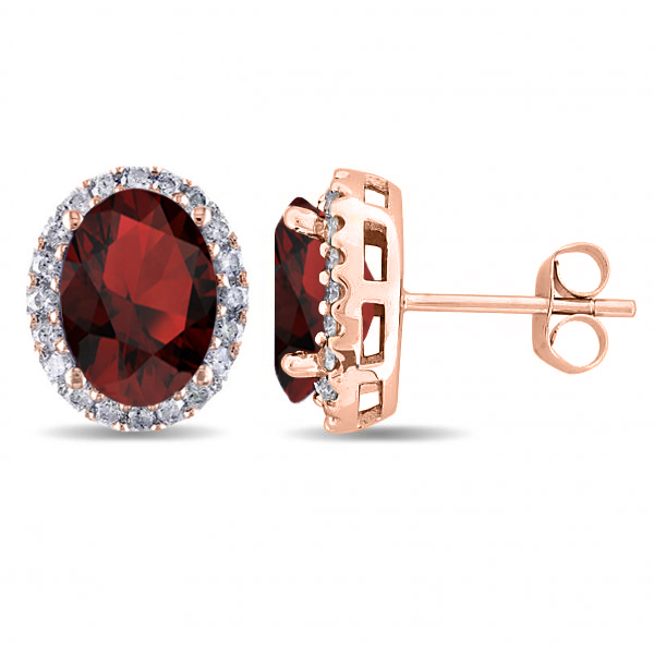 Oval Lab Garnet & Halo Lab Grown Diamond Stud Earrings 14k Rose Gold 4.60ct