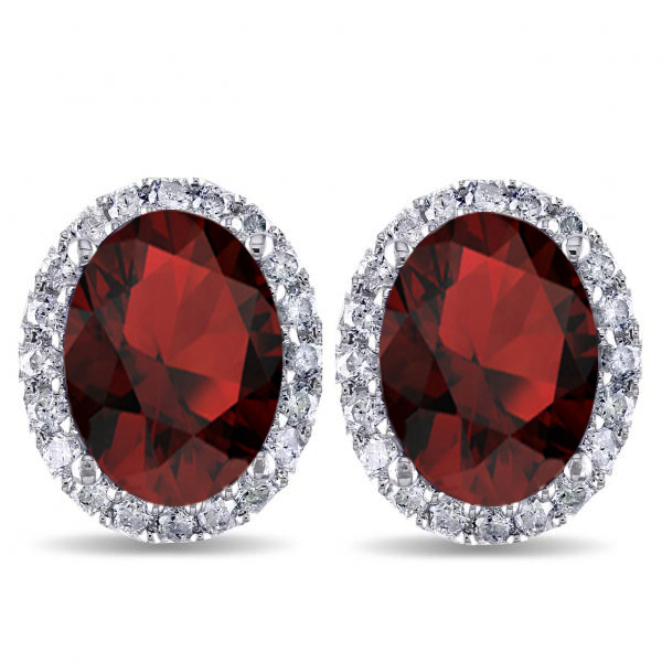 Oval Lab Garnet & Halo Lab Grown Diamond Stud Earrings 14k White Gold 4.60ct