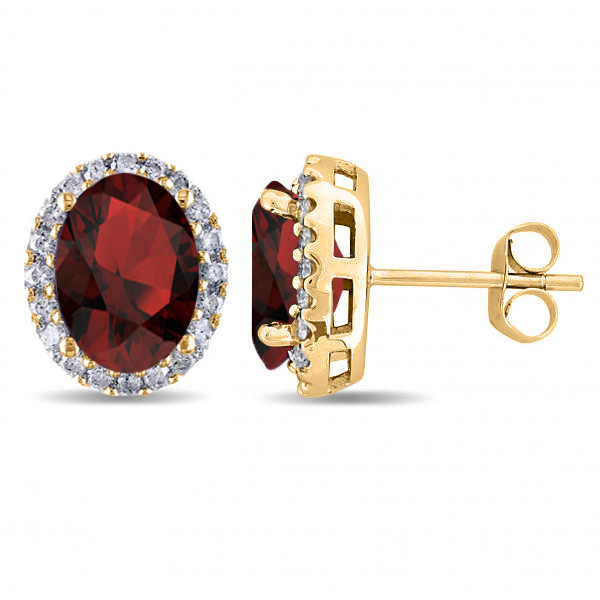 Oval Lab Garnet & Halo Lab Grown Diamond Stud Earrings 14k Yellow Gold 4.60ct