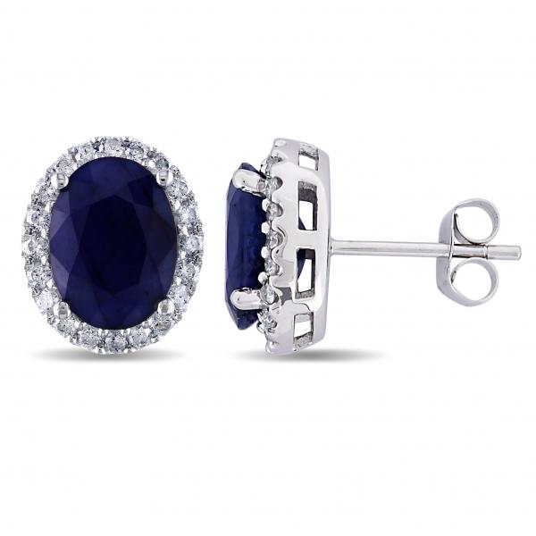 Oval Lab Blue Sapphire & Halo Lab Grown Diamond Stud Earrings 14k W. Gold (5.70ct)