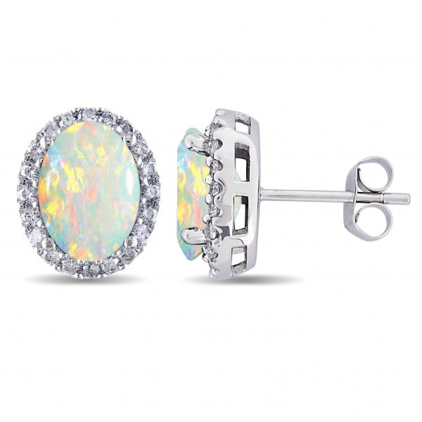Oval Lab Opal & Halo Lab Grown Diamond Stud Earrings 14k White Gold 2.60ct