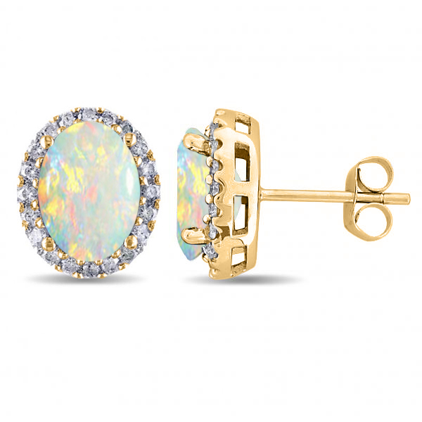 Oval Lab Opal & Halo Lab Grown Diamond Stud Earrings 14k Yellow Gold 2.60ct