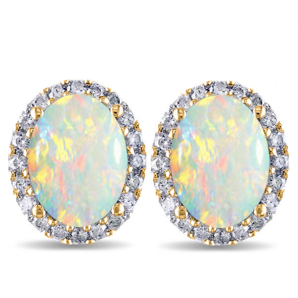 Oval Lab Opal & Halo Lab Grown Diamond Stud Earrings 14k Yellow Gold 2.60ct
