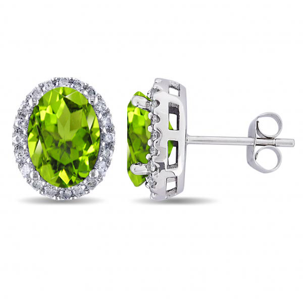 Oval Lab Peridot & Halo Lab Grown Diamond Stud Earrings 14k White Gold 4.40ct