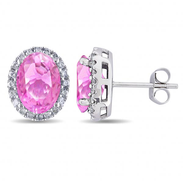 Oval Lab Pink Sapphire & Halo Lab Grown Diamond Stud Earrings 14k White Gold 4.80ct