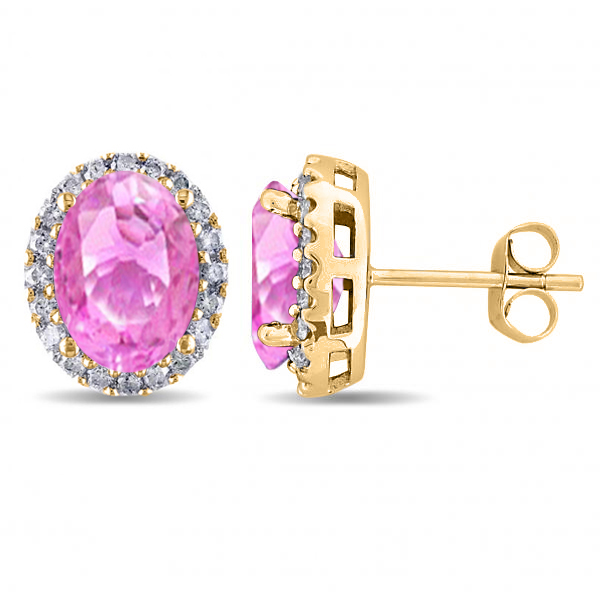 Oval Lab Pink Sapphire & Halo Lab Grown Diamond Stud Earrings 14k Yellow Gold 4.80ct