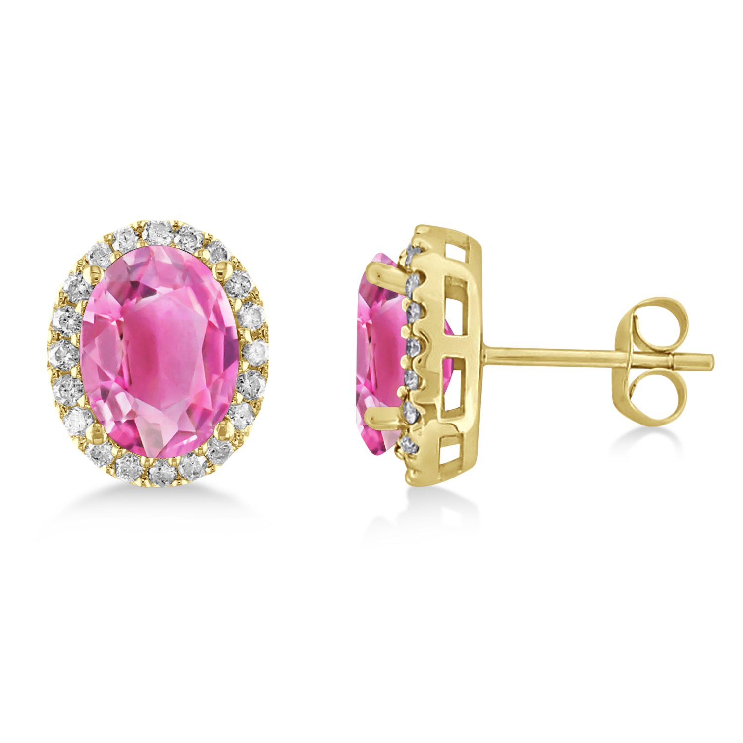 Oval Lab Pink Tourmaline & Halo Lab Grown Diamond Stud Earrings 14k Yellow Gold 5.00ct