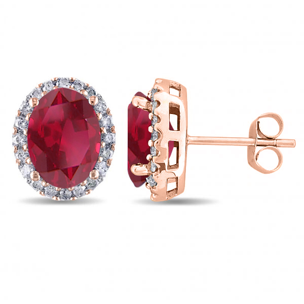 Oval Lab Ruby & Halo Lab Grown Diamond Stud Earrings 14k Rose Gold 4.80ct