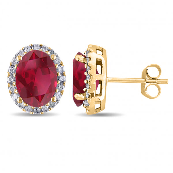 Oval Lab Ruby & Halo Lab Grown Diamond Stud Earrings 14k Yellow Gold 4.80ct